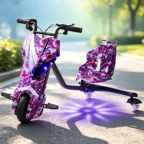 Triciclo De Deriva De Energía Eléctrica, Go Kart De 3 Ruedas para Niños, Asiento Ajustable, Ruedas LED(F,6.5IN)