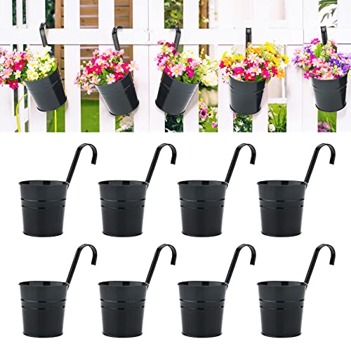 KINGLAKE Flower Pots,10 Pcs Metal Iron Hanging Flower Plant Pots Balcony Garden Plant Planter Baskets Fence Bucket Pot 4'' Flower Holders with Detachable Hook Black