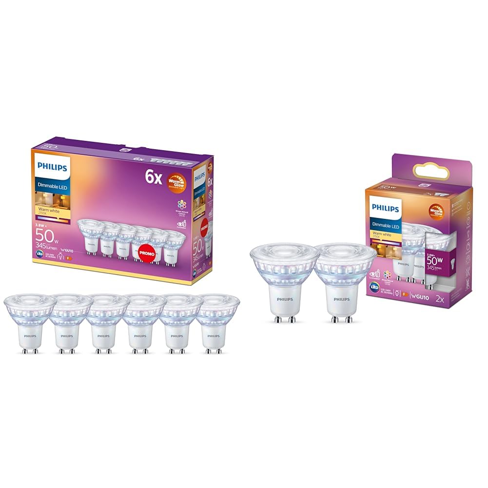 Philips Lighting ampoule LED Spot GU10 50W Transparent Compatible Variateur, Verre, 6 Unité (Lot de 1) & Philips ampoule LED Spot GU10 50W Blanc Chaud Compatible Variateur, Verre, Lot de 2