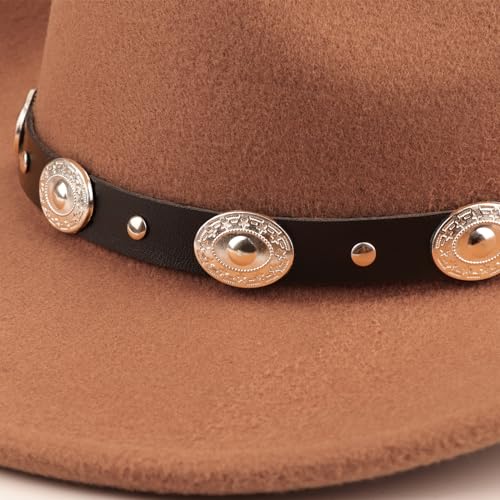 Image of DRESHOW Women Men Classic Felt Wide Brim Western Cowboy & Cowgirl Cap Belt Buckle Retro Panama Hat Unisex Rolled up Caps