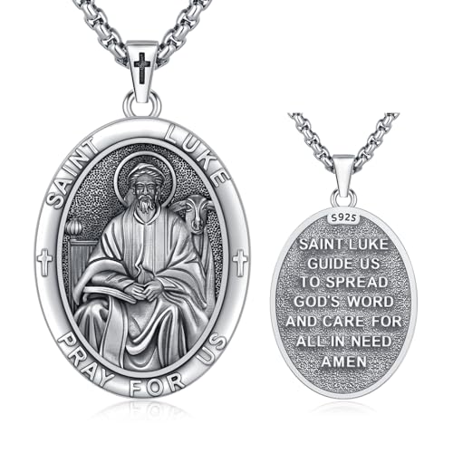 St Saint Luke Medal Necklace 925 Sterling Silver Medalla De San Lucas Pendant Mens Catholic Religious Protection Jewelry Gifts with 22"+2" Rolo Chain