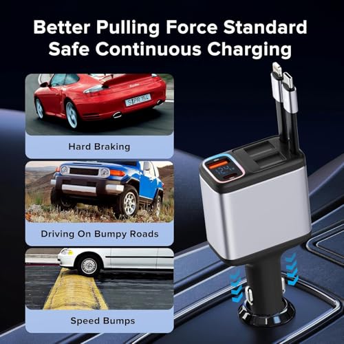 Image of bAssDrops 117 Watt Retractable Car Charger, Retractable Cables (31.5 inch) and 2 USB Ports Car Charger Adapter for iPhone 16 /15 /14 /13 /12 Pro Max, Samsung,Pixel
