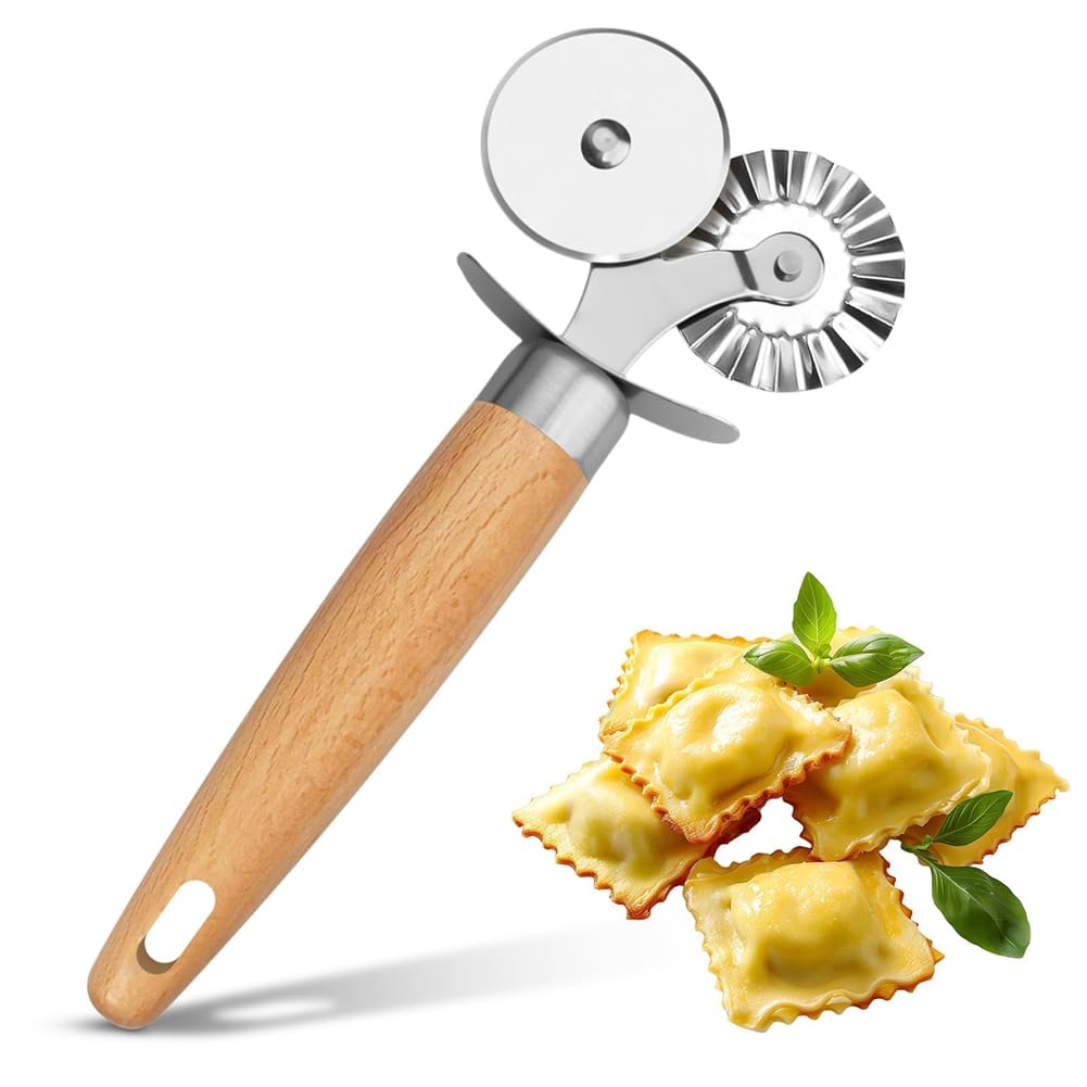 CTRLZS Fluted Pastry Cutter Double Wheel Ravioli Cutter Tool for Pasta Cutter Wheel-Wooden Handle for Pasta Pizza Cookie