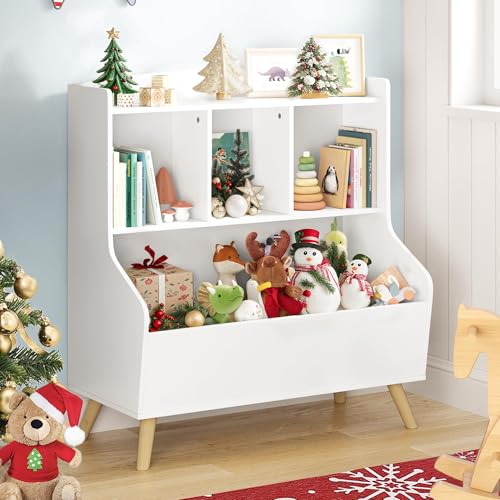 Image of Curipeer Kids Bookshelf and Toy Storage, 3-Tier Wooden Open Bookcase, Baby Book and Toy Storage Display Organizer with Spacious Top Shelf for Children, Family, White(Large Size)