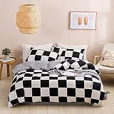 Looffetyahui Bettwäsche Set 135×200cm Schwarz Weiß Geometrisch100% Weiche Angenehme Microfaser Bettwäsche Schwarz Weiß Karo Bettbezug + 1 Kissenbezug 80x80cm