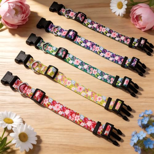 Image of 5 Pack Goat Collars with Bells, Adjustable Nylon Collar Set pet and Horse Sheep Grazing Copper Bells Pet Anti-Lost Loud Bronze Bell for Small Farm Animal Sheep Goat Cow Accessories(Floral)