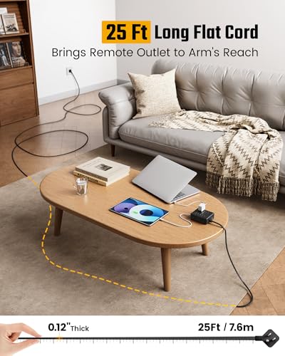 Image of 25Ft Long Extension Cord, Flat Plug Power Strip Surge Protector, 8 Outlet 4 USB Ports (2 USB C), Wall Mountable, Desk Charging Station for Home Office, College Dorm Room Essentials (Black)