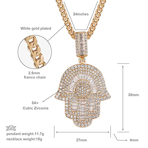 Hip Hop 14K/white Gold Plated Micro Iced Out Hamsa Hands Pendant with 24" Franco Chain Necklaces for Men Women2