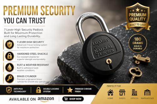 Image of Luxury Nau-tal Round Lock 50mm 5 Padlock with 6 Same Keys 7 Steel Levers Double Locking, Shackle Lock and Keys for Home Door Shutter Shop Office Main Gate Matt Black Finish Pack of 5
