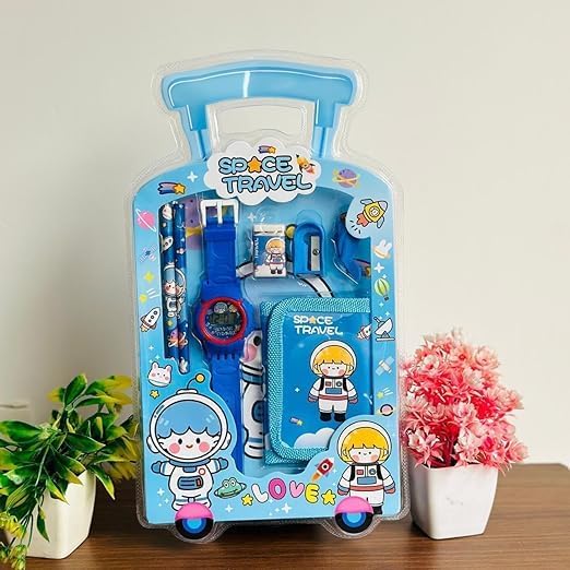 TRIBBO in 1 Stationery Set for Girls and Boys| Kids Return Gift 7 in 1 Cartoon School Items for Kids Pencils, Eraser, Sharpener, Watch, Wallet | Return Gift for Kids(Pack of 1,MULTIDESIGN)