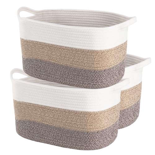 Lot de 3 paniers de rangement tressés en coton - Petits paniers tissés pour le tri - Panier à serviettes et à linge tressé pour la salle de bain - Panier de...