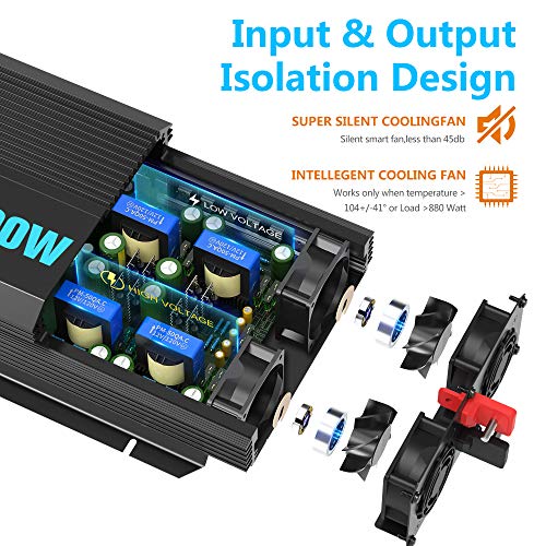 Pure Sine Wave Power Inverter 2200Watt DC 12volt to AC 120volt with Dual AC Outlets and 2.4A USB Port & LED Display Remote Controller for RV Trucks Boats and Emergency【3 Years Warranty】 - Thumbnail 2