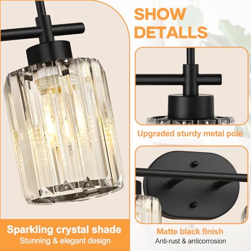 Image of 2-Light Matte Black Crystal Bathroom Vanity Light, Modern Bathroom Lighting Fixture Over Mirror, K9 Crystal Bathroom Wall Light with Round Shades, E26 Base(Bulbs Not Included)