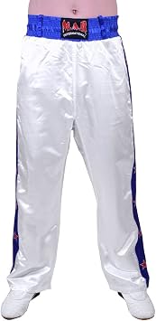 MAR | Full Contact Kickboxing Trousers; Boxing, Muay-Thai, Fitness & Karate Pants, 8oz Polyester Satin Fabric with Striped Star Design, Elasticated Drawstring Waistband Bottoms