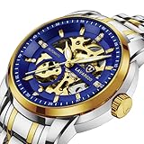 Mens Watches, Automatic Self-Winding Mechanical Stainless Steel, Classic Waterproof Skeleton Black Gold Watches for Men