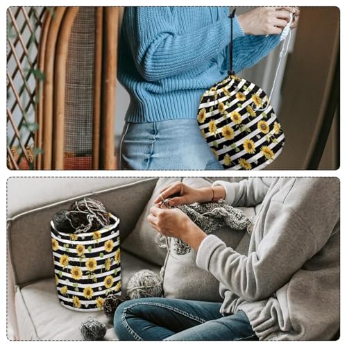 Image of Sellikakes Sunflower Stripe Yarn Bag Crochet Storage Organizer, Knitting Storage Bag Crocheting Bag Yarn Holder for Crochet Projects Skein Balls Knitting Short Needles Sewing Accessories