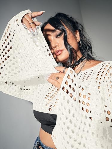 Image of Floerns Women's Plus Size Boat Neck Long Sleeve Hollow Out Crochet Cropped Sweater