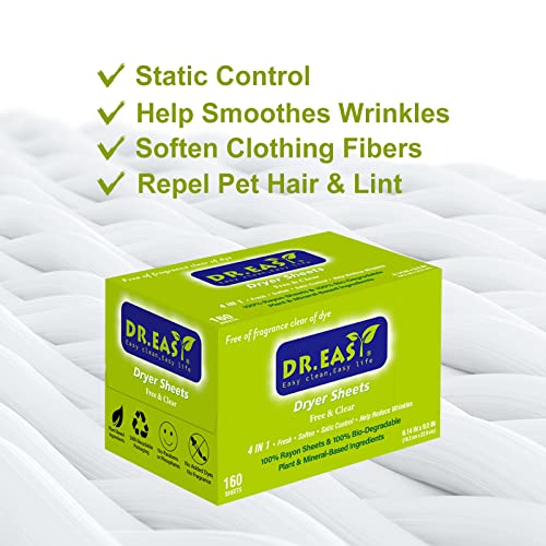 Dr.easy Dryer Sheets Free & Clear Plant Based All Ingredients For Sensitive Skin 160 Ct 100% Rayon Fabric Softener Sheet Unscented & No Dyes Reduce Static & Wrinkles Soften Clothes Help Repel Pet Hair #TOP4