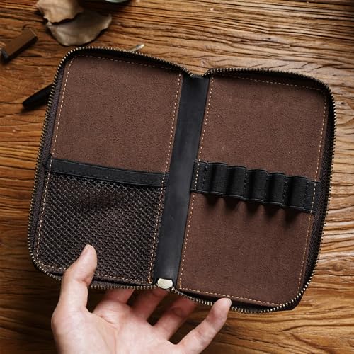 Image of Genuine Leather 5-Slot Pencil Case, Portable Travel Pen Organizer | Versatile organizer for art supplies, office essentials, makeup brushes, suitable for men, women, students, artists.