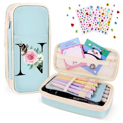 Image of Preppy Pencil Case for Girls, Cute Large Pencil Pouch, Personalized Initial Pencil Bag with Zipper for School College Office Supplies, Back to School Supplies Gifts for Teen Girls (N, Blue)