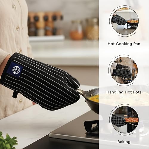 Image of Encasa XO 100% Cotton Apron Set for Women & Men with Adjustable Apron, Oven Gloves & Pot Holder (Pack of 3) Combo, Heat-Resistant, Soft & Durable for Cooking, Baking & Grilling (Butcher Stripes Black)