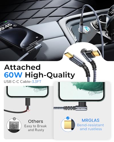 Image of MRGLAS 90W USB C Car Charger Fast Charge, PD45W & QC45W, Flush Fit, Extra 3.3ft Type C Cable, All Metal, Cigarette Lighter USB Charger for iPhone 16 15 Samsung S25 S24 S23 Ultra Pixel 8 /8Pro /7-Blue
