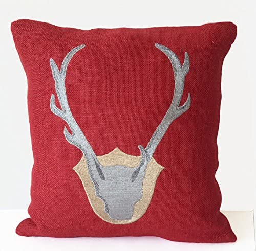 Amore Beaute Handmade Customizable Throw Pillow Cover In Red Burlap Antler Pillow Cover Exquisitely Embroidered With Gray Beige Thread Multi Size Pillow Cover (18X18) #TOP2