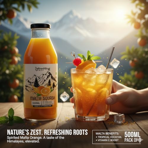Image of Refreshing Roots Uttarakhand Wild Orange (MALTA) Squash 600 ML Pack Glass Bottle | Cold Pressed | Uttarakhand Authentic Taste | Added Honey | No Artifical Colors | Rich In Vitamins -C | Malta Squash (300 ML * 2 Bottle)