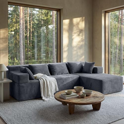 Image of MONVANE 106 inch Cloud Sectional Couch with L-Shaped Chaise, Modular Sectional Sofa with Deep Seat and Removable Armrests, Comfy Corduroy Boneless Couches for Living Room, No Assembly Required, Grey