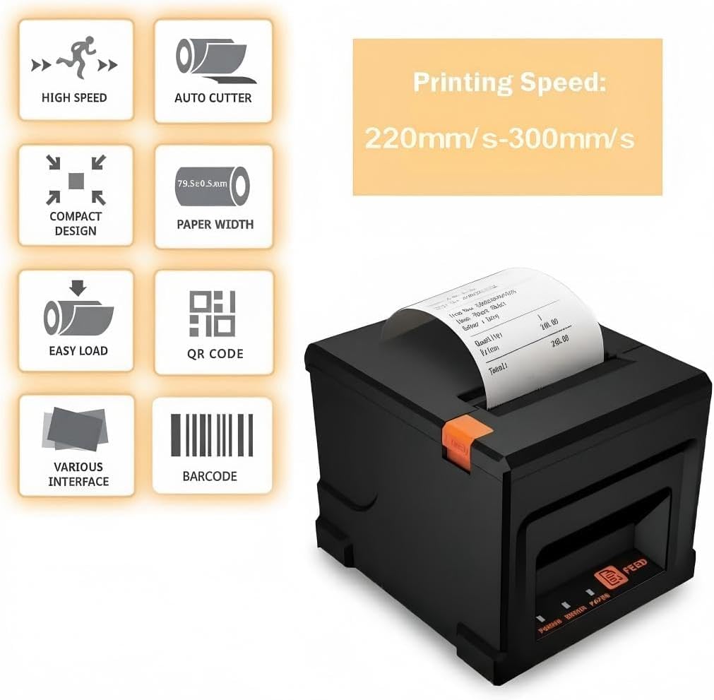 80 mm drukarka termiczna do kasy – USB, Bluetooth, LAN, 300 mm/s, auto-cutter – mobilne drukowanie – w zestawie 5 rolek + adapter 58 mm – do gastronomii, kuchni, supermarketu