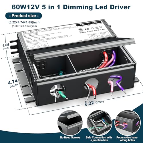 Dimmable LED Driver 12V 60W, 5-1 LED Transformer Compatible with Lutron and Leviton Dimmer Switch,Smooth Flicker Free Dimming, ETL& Class 2& FCC Certified, Triac/0-10V/RX/1-10V Dimmable Power Supply — view 3