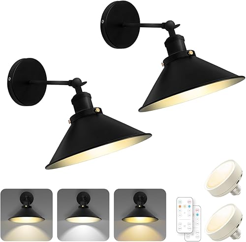 Juego de 2 apliques de pared ajustables vintage con pilas, batería recargable USB con control remoto, no cables regulables, lámpara de pared