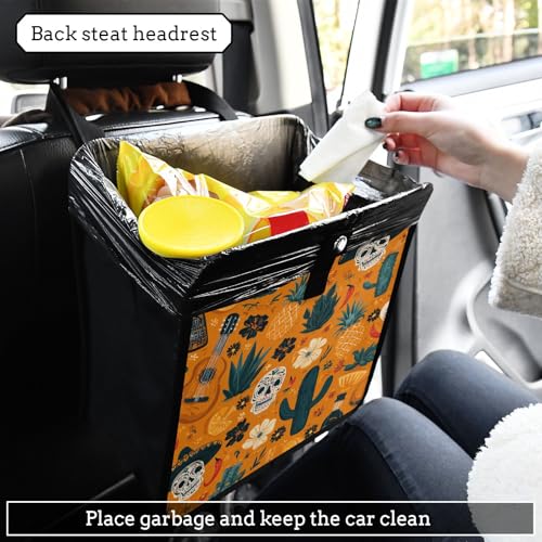 Image of Car Trash Can Organizer Bin with Adjustable Strap for Back Front Seat Console Waterproof Leakproof Collapsible Portable 11 Inch Orange Day Of The Dead Skull Cacti