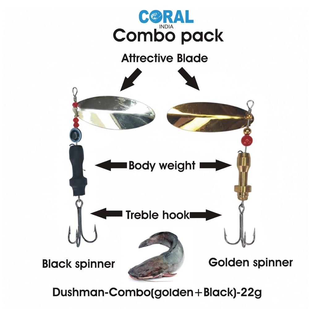Coral India Dushman-Combo | 22g Golden and Black Power Duo | Heavy Weight Brass Body Spinner Lure Set | Attractive Blade Action | Two Piece Fishing Baits 2