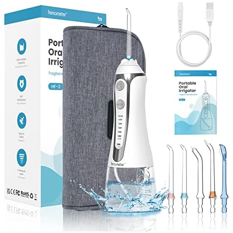 Femometer Oral Irrigator Water Flosser with 5 Modes and 5 Nozzles, 300ML Water Tank with Gravity Ball Design, IPX7 Waterproof Tooth Cleaner for Home Travel Cover