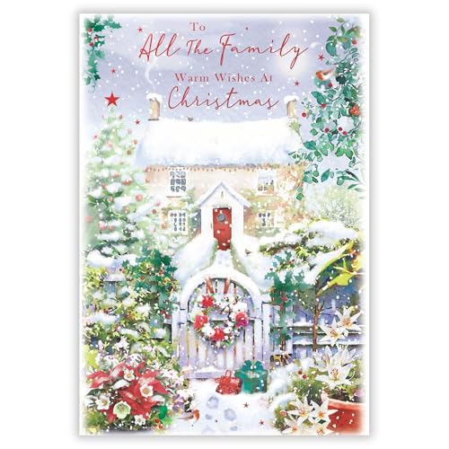 Kingfisher All The Family Christmas Card Single - Christmas Cards with an Artistic Cottage in the Snow Design and Special Finish - Eco-Friendly Xmas Card with Envelope
