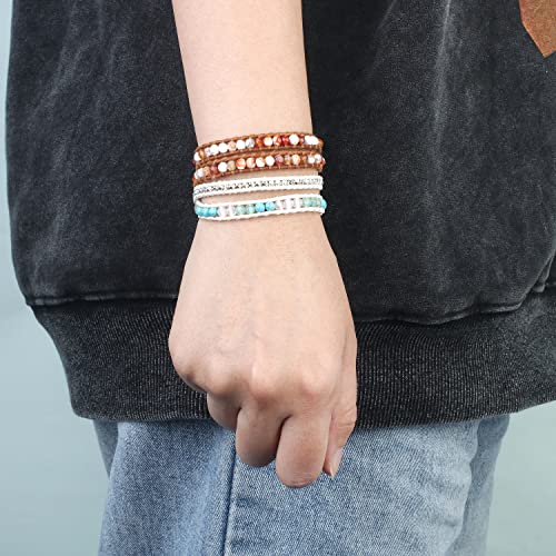 Image of KELITCH Double Wrap Bracelet Women Hand-Braided Turquoise Beads Bracelets Boho Leather Bracelets Bangle