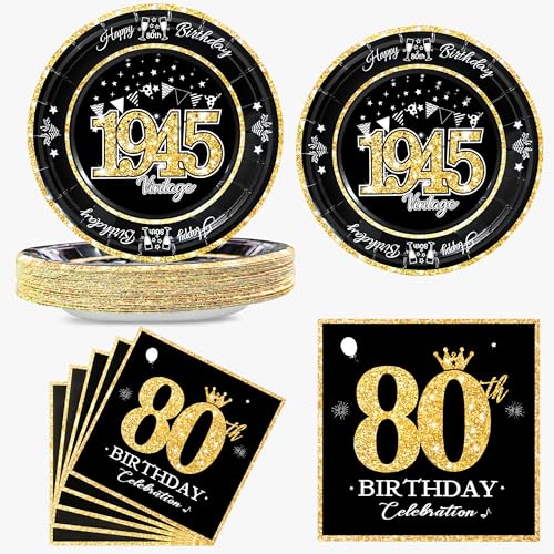 algpty 60 PCS Vintage 80th Birthday Plates and Napkins Set, 80th Birthday Decorations Black and Gold, Service for 30, 1945 Birthday Dessert Plates and Napkins Party Supplies for Men Women