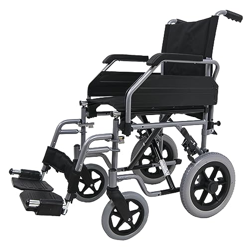 SANITEC - Silla de Ruedas de Acero Ligero para Minusválidos, Plegable, Resistente 136 Kg, Freno manual, Reposapiés y Reposabrazos abatibles y extraíbles. Ortopedia y Ayudas Técnicas