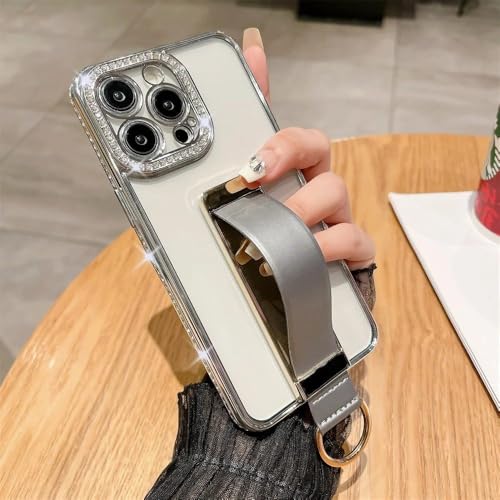 Coque iPhone 15 Pro Max argentée pour selfie et vidéo mains libres