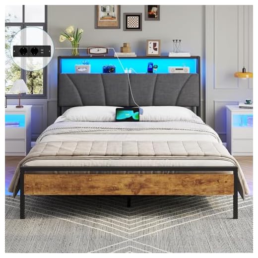 Brinlawb Cadre de Lit 140 x 190 avec Sommier en Métal, Lit 2 Personnes avec Lumières LED, Multiprise(2 Prises AC,2 Ports USB) lit Double 140x190 avec Rangement, Facile à Assembler, Marron Vintage&Gris