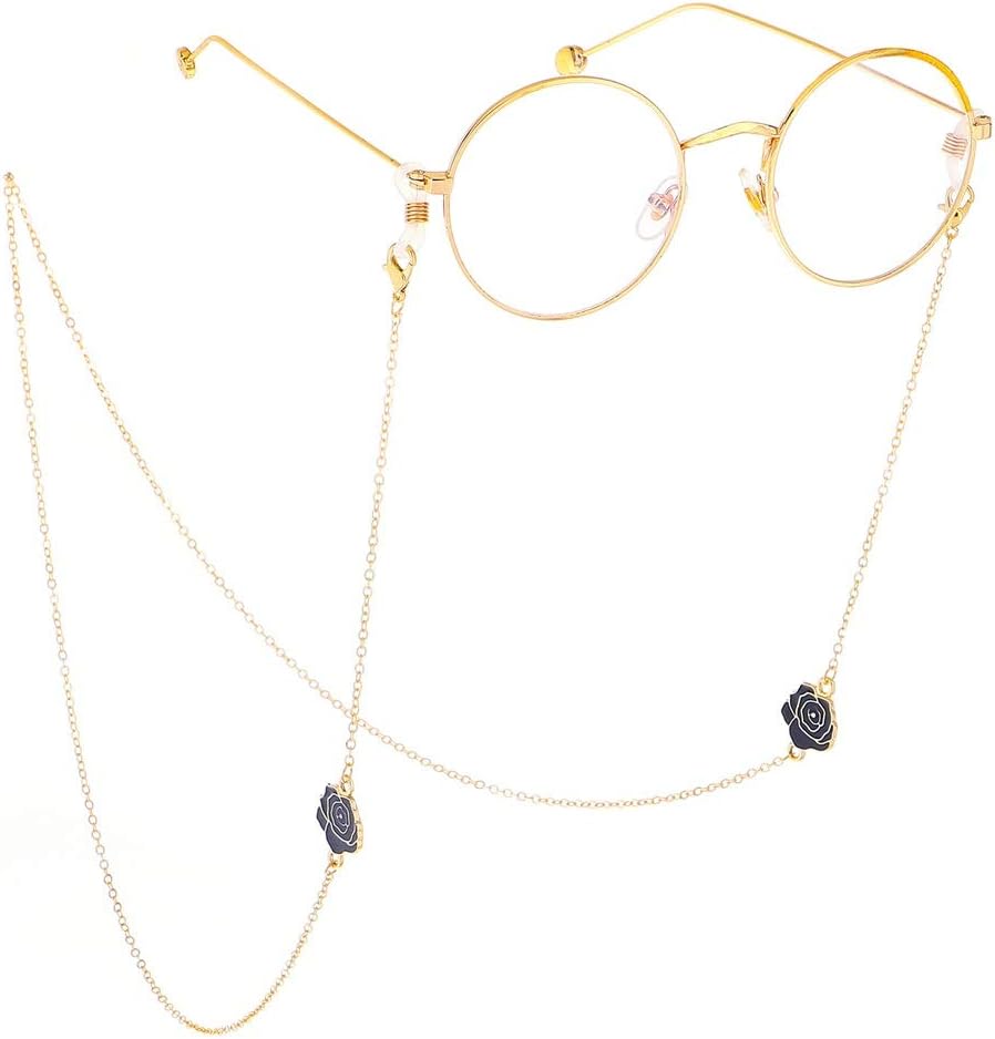 女性用のエレガントなメガネチェーン ノンスリップメガネチェーン黒薔薇メタルメガネロープストラップサングラスアクセサリー 眼鏡＆サング