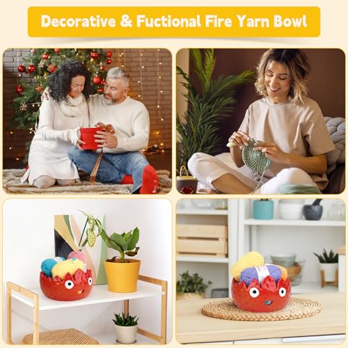 Image of Katech Flame Yarn Bowl for Crocheting-Crochet Bowls for Yarn w /Crochet Hooks-Knitting Bowl-Cute Handmade Ceramic Flame Yarn Bowls-Ideal Crochet Gifts for Crocheters Knitter(6.3 inch x 6.3 inch x 4 inch)