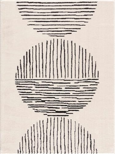 BoutiqueRugs Mahsa Modern Abstract Geometric Circle Striped Black Cream Contemporary Minimalist Woven Area Rug - 6'7" x 9' (6'x9')