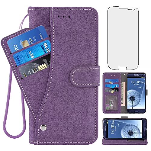 Asuwish Compatible with Samsung Galaxy S3 Phone Case and Tempered Glass Screen Protector Folio Cover Credit Card Holder Cell Flip Wallet Cases for Gaxaly SIII Neo Galaxies S III 3 3S GS3 I9300 Purple