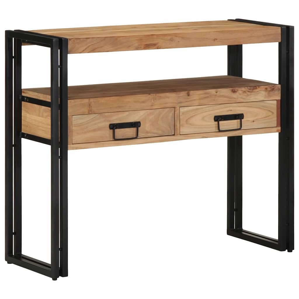 SXZenSpace Console Table 90 x 33 75 cm Solid Acacia Wood with Steel Frame Brown Modern Hallway Side 2 Drawers & Shelf for Living Room Bedroom Corridor