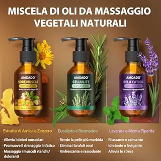 Olio Per Massaggi Per Massoterapia, Oli Per Massaggi Muscolari Doloranti, Olio Di Arnica, Oli Essenziali Di Eucalipto E Lavanda Anticellulite, Sollievo Dal Dolore E Spa, Relax Di Qualità, 3x100ml