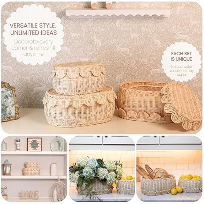 Set of 2 Natural Rattan Storage Baskets with Scalloped Lids ¨C Small & Medium Sizes ¨C Handwoven Braided Edge Detail ¨C Boho Accent Decor for Countertops, Shelves, Home Organization & Gifting.