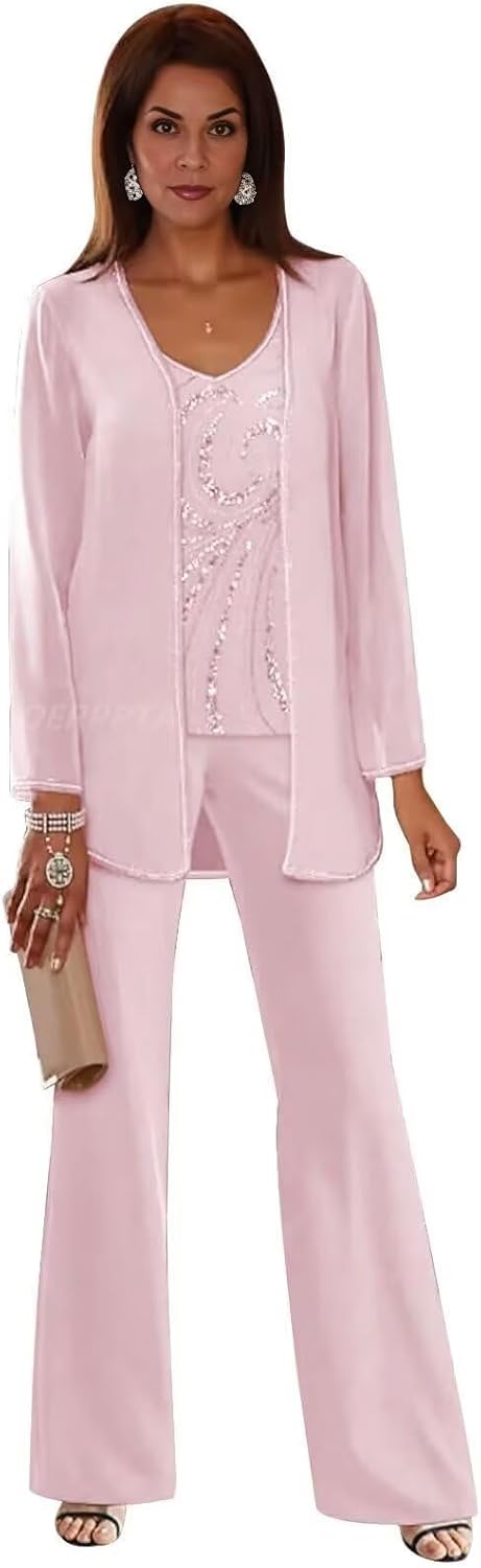 3 Pieces Mother of The Bride Pant Suits for Women Dressy Sequin Chiffon Formal Dresses Long Pantsuits for Wedding