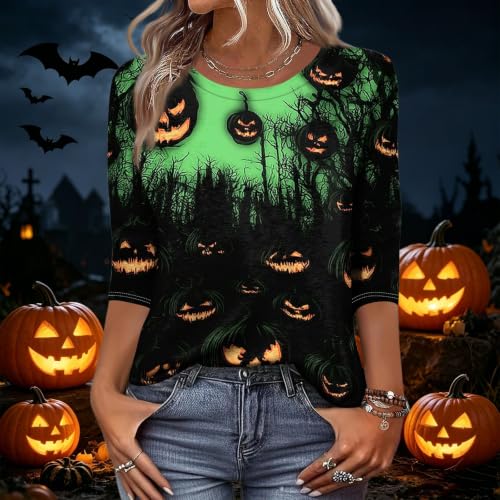 Image of Women Spooky Halloween Graphic Shirt 3 /4 Length Sleeve Crewneck Top | Halloween Funny Printed Pumpkin Plus Size Tshirts 2026 Fall Outfits Skeleton Tee Going Out Tops